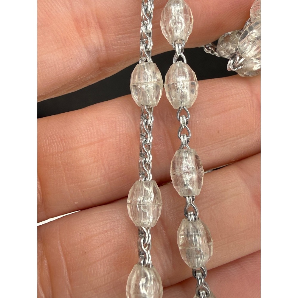 Vintage Italy Rosary Clear Faceted Plastic Beads Silver Tone Sacred Heart READ
